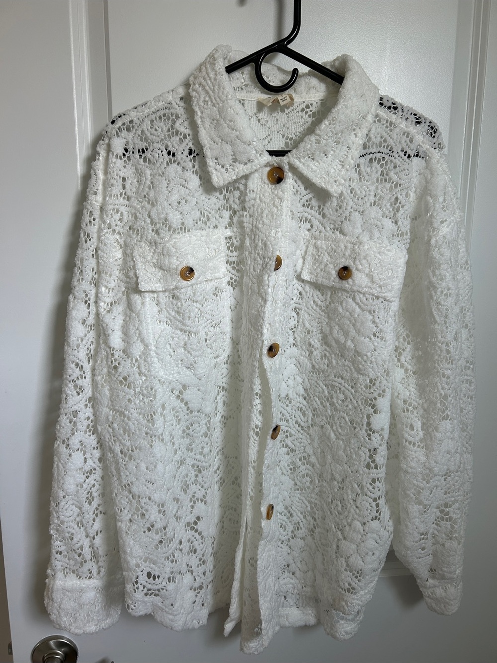BiBi White Crochet Button-Front Jean Jacket